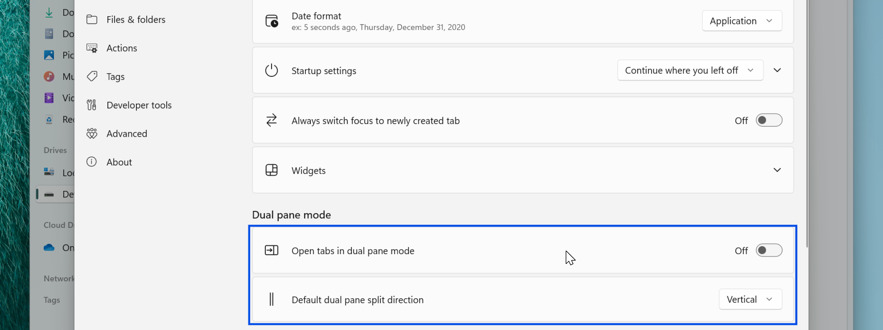 Dual pane settings