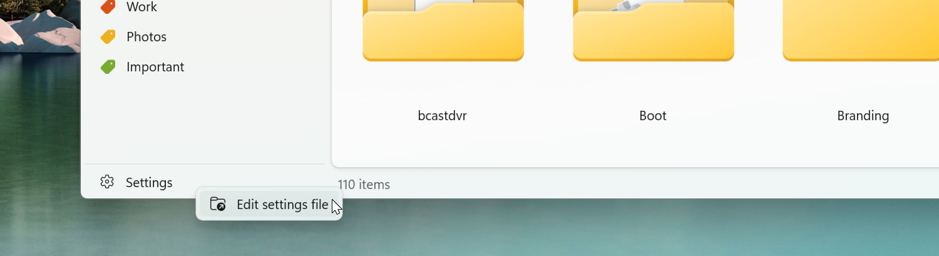 Settings context menu